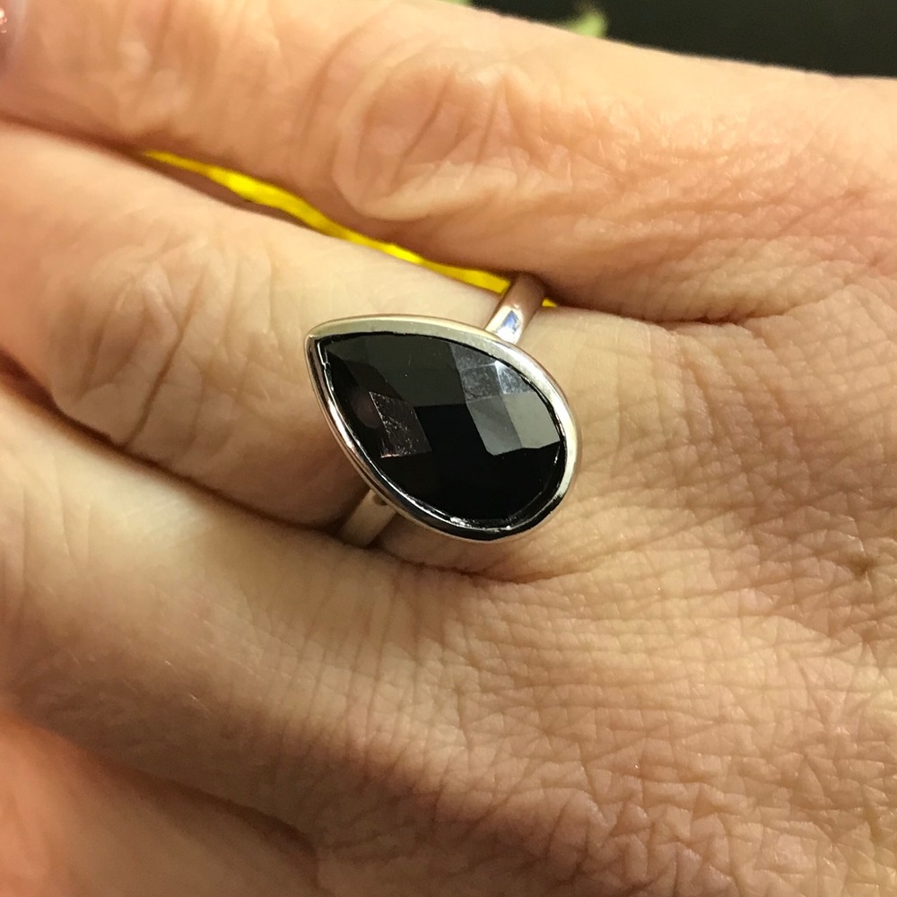 Teardrop Black CZ Sterling Silver Ring